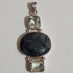 Artisan Modernist Sterling Silver Pendant - Tourmalinated Quartz & Prasiolite